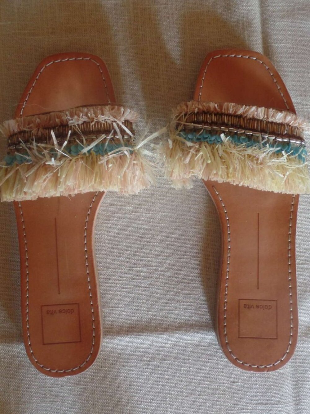 Dolce Vita Raffia Fringe Beaded Slide Sandals Boho Resort